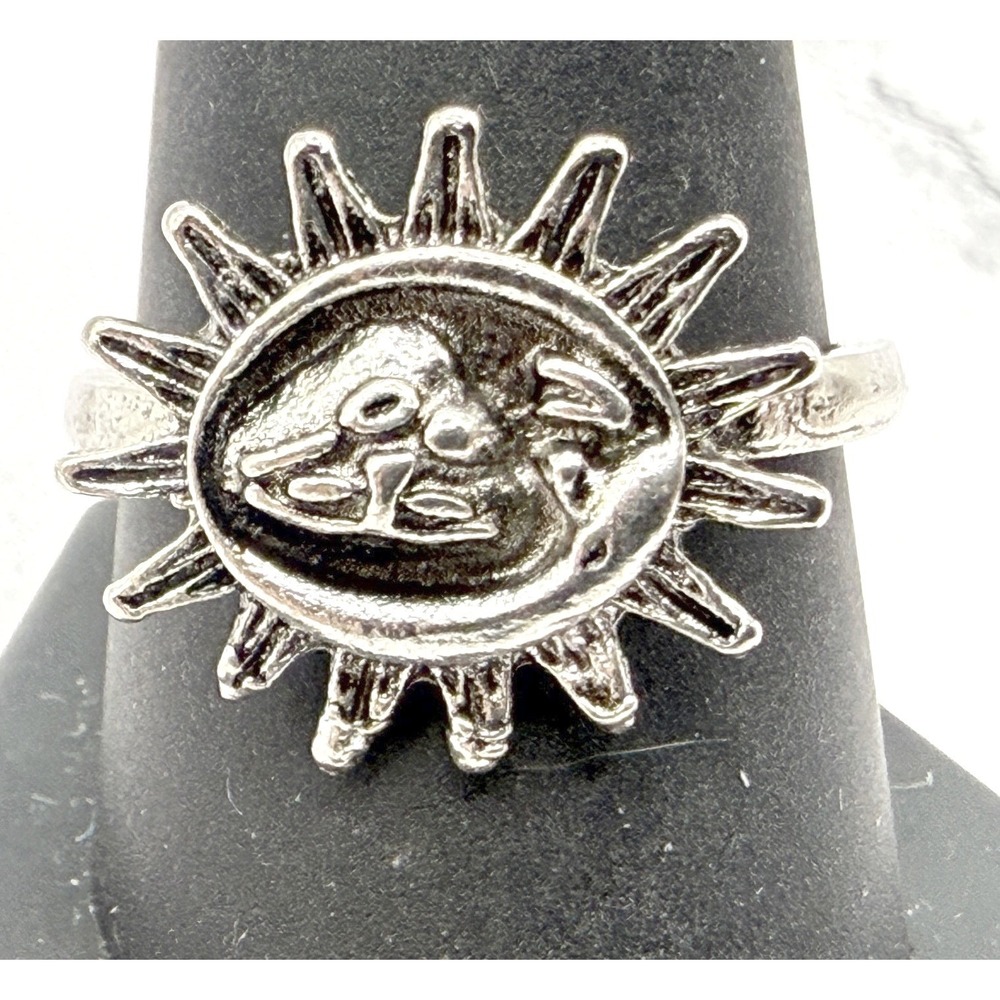 Silver Tone Celestial Sun Moon Face Statement Ring Size 9.5 Boho Jewelry